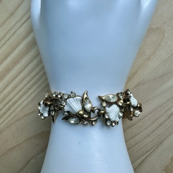 Vintage Hollycraft Bracelet 6.5 Lily of the Valley Rhinestone White Gold Plated